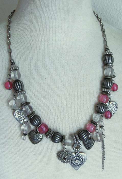 Vintage silver tone, clear and pink glass beads and charms necklace
