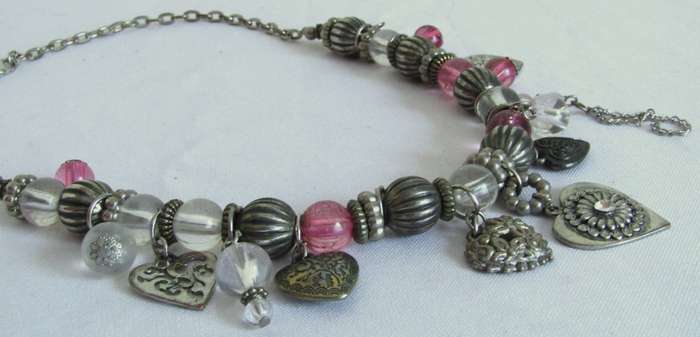 Vintage silver tone, clear and pink glass beads and charms necklace