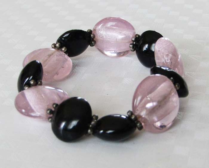 Vintage Stretch Bracelet | Dusty Pink & Black Glass Beads with Silver-Tone Spacers
