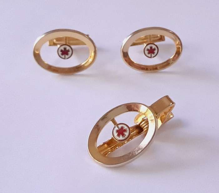 Vintage Gold Tone and Enamel Canadian Maple Leaf Cufflinks and Tie Clip