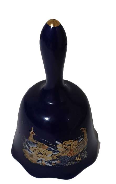 Vintage Japanese made Cobalt Blue Porcelain Hand Bell with Pheasant & Lotus Flower Decoration