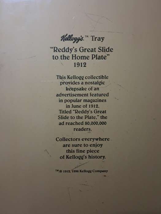 Collectible Kellogg`s Tray - `Reddy`s Great Slide to the Home Plate` 1912 Advertisement c1996