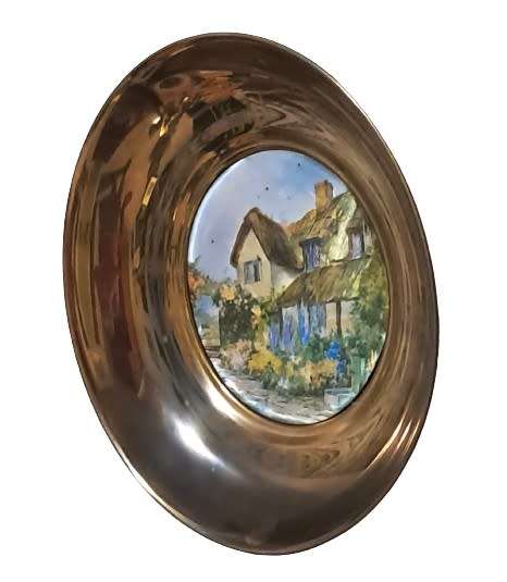 Vintage Large Brass Iridescent Foil Art Wall Plate Country Cottage Scene - Made in England