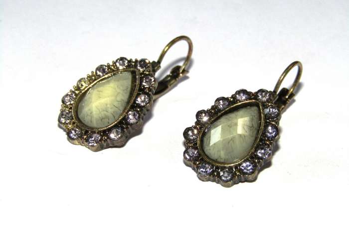 Pair of Vintage Antique Brass Tone Teardrop Earrings with Clear Rhinestones and Faceted Green Stone