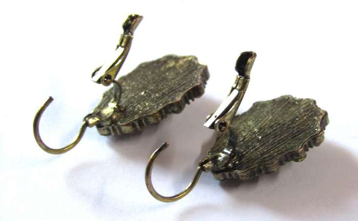 Pair of Vintage Antique Brass Tone Teardrop Earrings with Clear Rhinestones and Faceted Green Stone