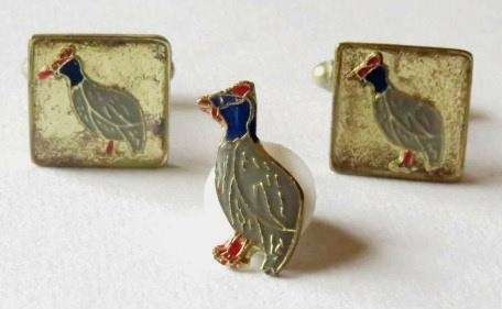 Vintage gold tone cufflinks with Guineafowl and a matching tie tack