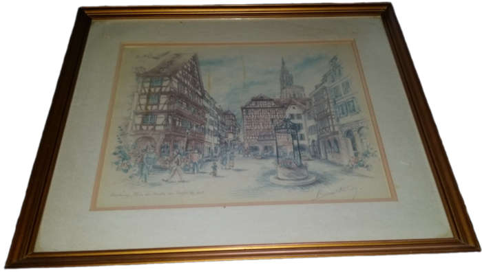 Art -  Vintage Scene Strasbourg Signed 53 x 46 cm
