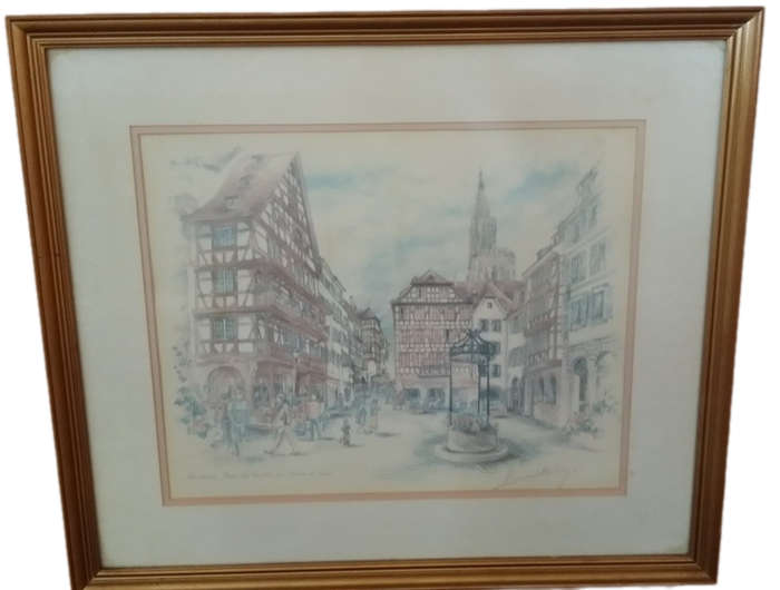 Art -  Vintage Scene Strasbourg Signed 53 x 46 cm