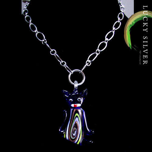 Bold Beautiful Night Wear Silver Necklace & Glass Cat Pendant - Ready To Ship