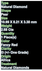 ***CERTIFIED**SEE VIDEO**2.68CT NATURAL RARE SPARKLING FANCY RED COLOR PEAR CUT DIAMOND I3
