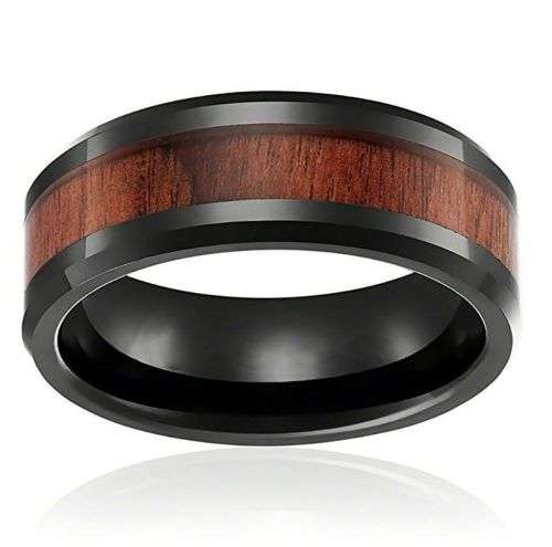8mm Men Stainless Steel Wood Black Filled Band Size 11