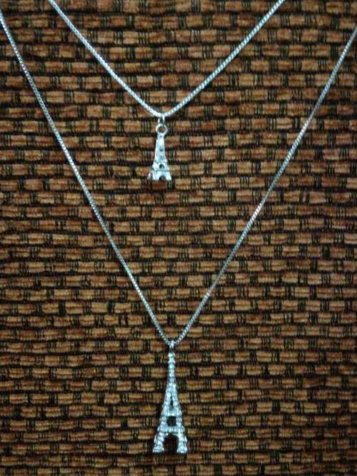 Long Sweater Double Chain Silver Colored Crystal Eiffel Tower Fashion Necklace