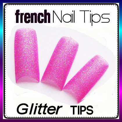 Hot!! 70x Pink Glitter Gel Acrylic French Nails Tips