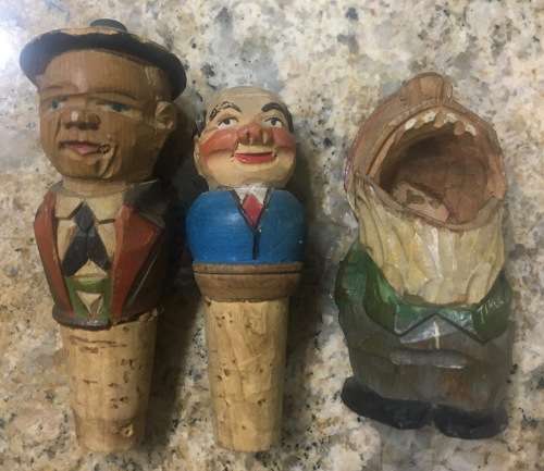 Sought After Vintage Hand Carved Wine Stoppers and a Big Mouth Toothpick Holder