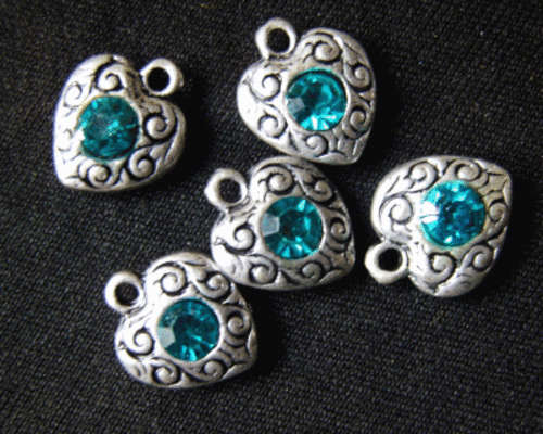 Heart Charm With Aqua Rhinestone, 12mm x 10mm - Pack of 5.
