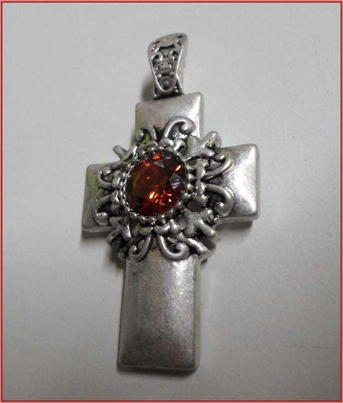 Antique Silver Pendant Cross, Red Rhinestone Inlay, Clip On Bail,60mm x 30mm - Sold Individually.