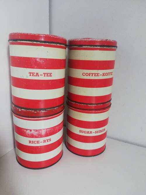 Set red and white striped Goodhope ware tins