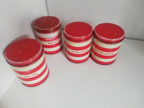 Set red and white striped Goodhope ware tins