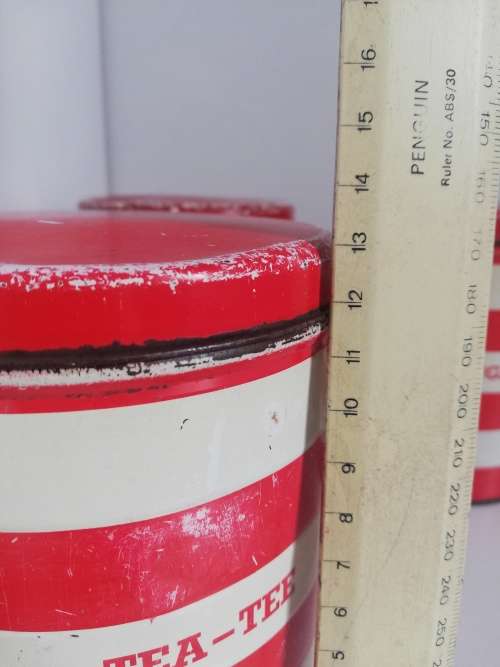 Set red and white striped Goodhope ware tins