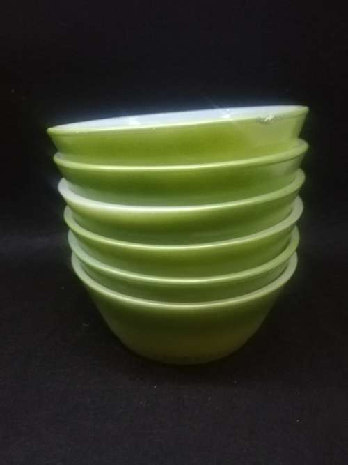 Set of 6  small green Anchor Hocking Fire king bowls