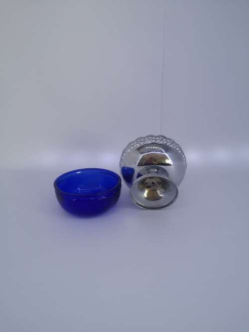 Chrome and cobalt blue glass sugar/sweet bowl