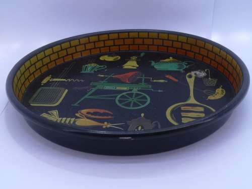 Vintage round deep metal tray - colorful