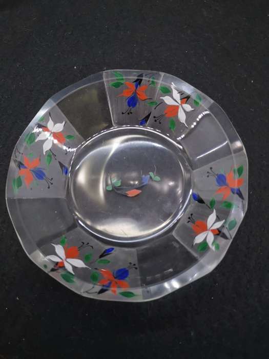 Heavy and thick glass plate with two side plates - hand painted