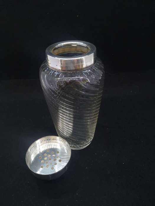 Vintage Cocktail shaker - Crystal glass with silver plated lid and strainer