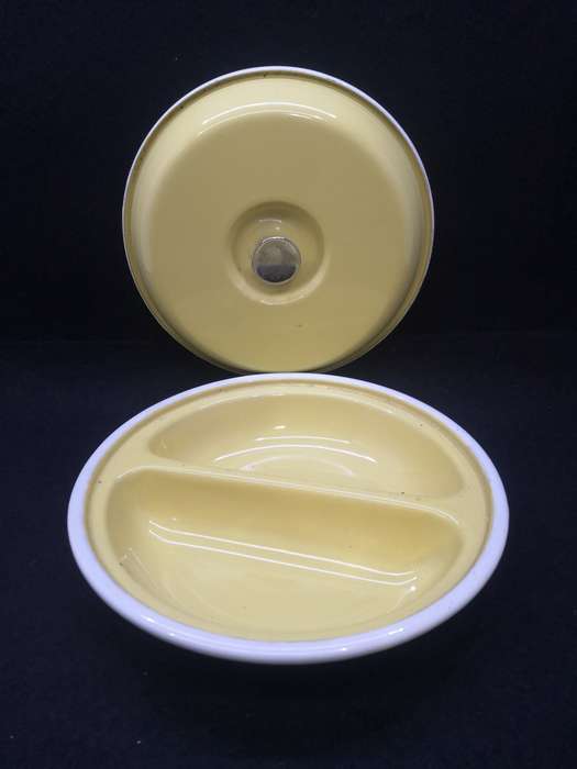 Old and heavy two division enamel bowl and lid - pastel yellow