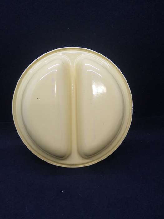 Old and heavy two division enamel bowl and lid - pastel yellow