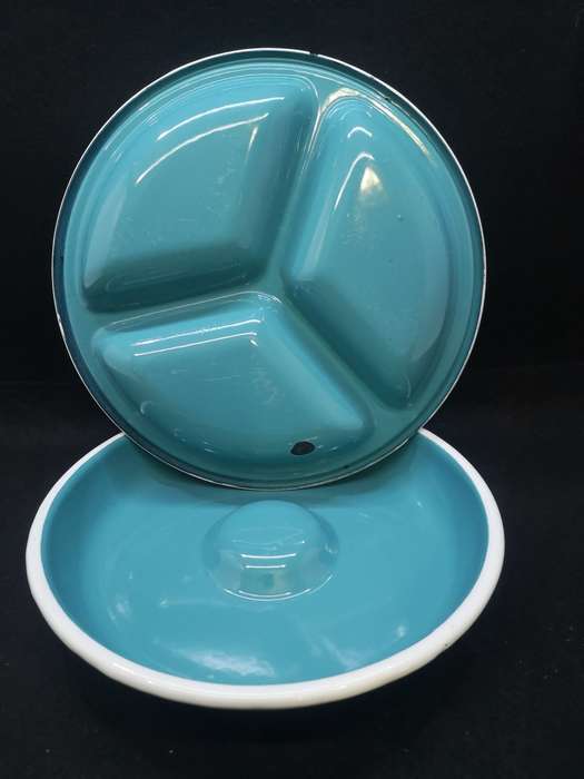 Old and heavy three division enamel bowl and lid