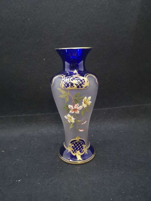 Blue glass hand painted vase