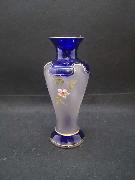 Blue glass hand painted vase