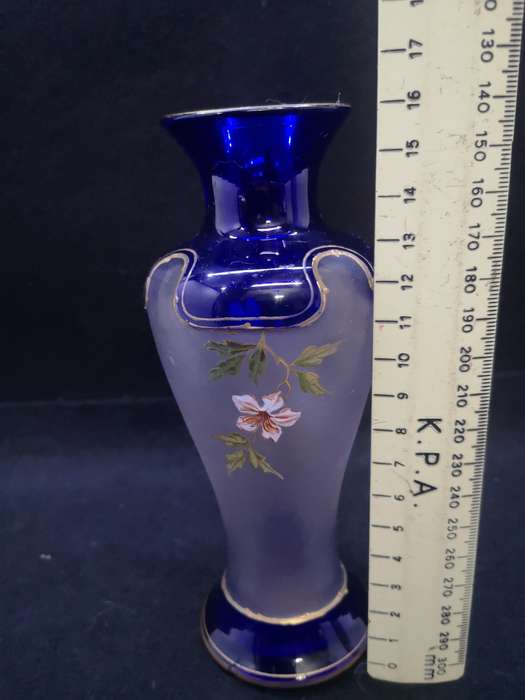 Blue glass hand painted vase