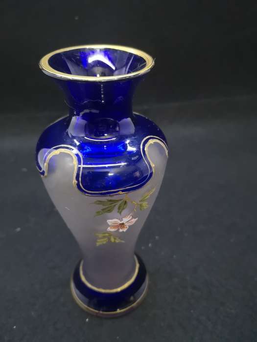 Blue glass hand painted vase