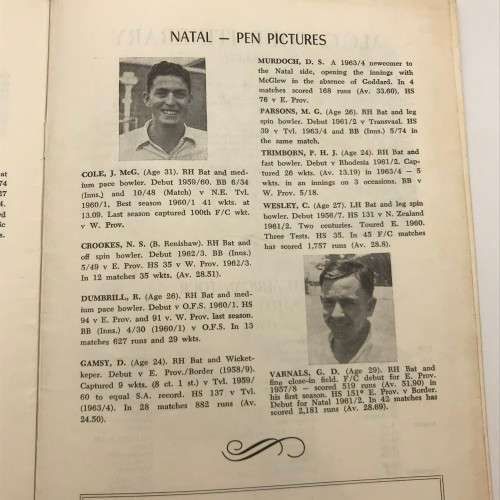 Cricket - `1964 - 65 M.C.C. in Natal` Brochure (Led by Mike Smith)