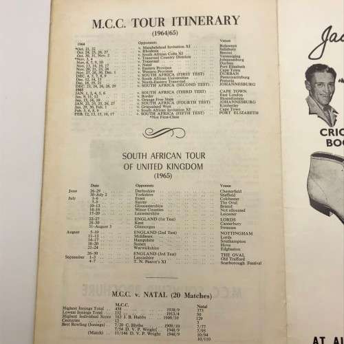 Cricket - `1964 - 65 M.C.C. in Natal` Brochure (Led by Mike Smith)