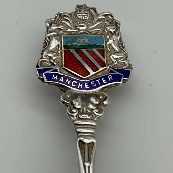 Early Solid Silver & Enamel `Manchester` Souvenir Spoon