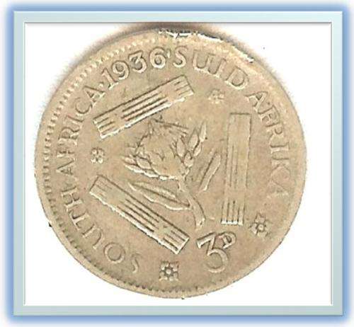 1936 3d SILVER .8 THREEPENCE (TICKEY) : South Africa : As per scan