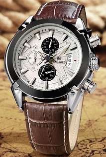 MEGIR Men's Brown Leather Stainless Steel Chronograph Watch