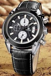 ## NEW ARRIVAL ## MEGIR Men's Black Leather Stainless Steel Chronograph Watch