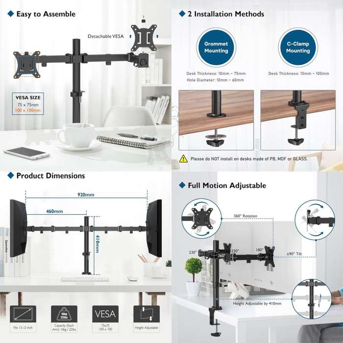Dual Arm Desktop Monitor Clamp Stand