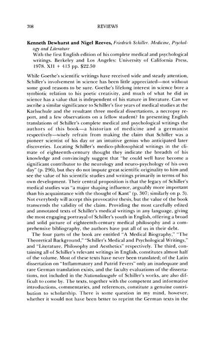 Friedrich Schiller: Medicine, Psychology and Literature - Kenneth Dewhurst and Nigel Reeves
