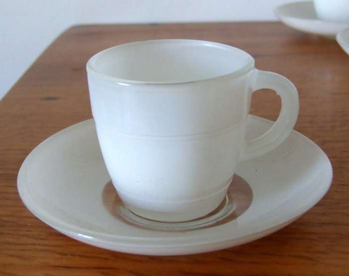 An elegant set of six vintage Mid-century French Duralex white glass demitasse coffee cups & saucers