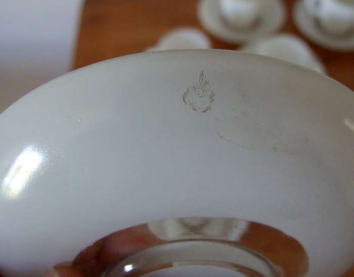 An elegant set of six vintage Mid-century French Duralex white glass demitasse coffee cups & saucers