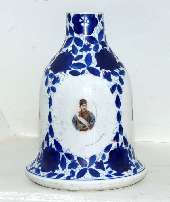 ANTIQUE HAND PAINTED CERAMIC HOOKAH BASE WITH TRANSFER PORTRAITS, PERSIAN