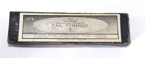 Antique `SAVARS EAR SYRINGE` in original box plus extra syringe and dropper.
