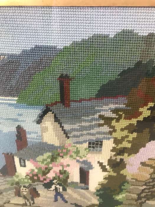 Vintage Tapestry Embroidery Small Village by sea, Man and Donkey 48cm x 40cm