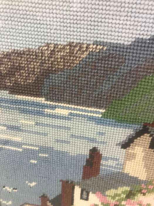 Vintage Tapestry Embroidery Small Village by sea, Man and Donkey 48cm x 40cm