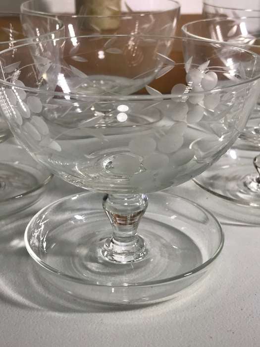Five Elegant Dessert Bowls etched flowers with raised foot
